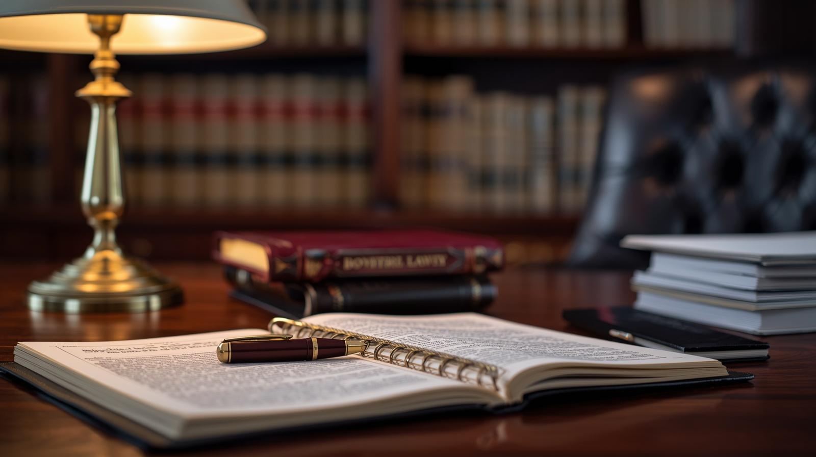 Open legal book with a burgundy pen resting on the pages, on a polished wooden desk under a warm lamp in a library setting