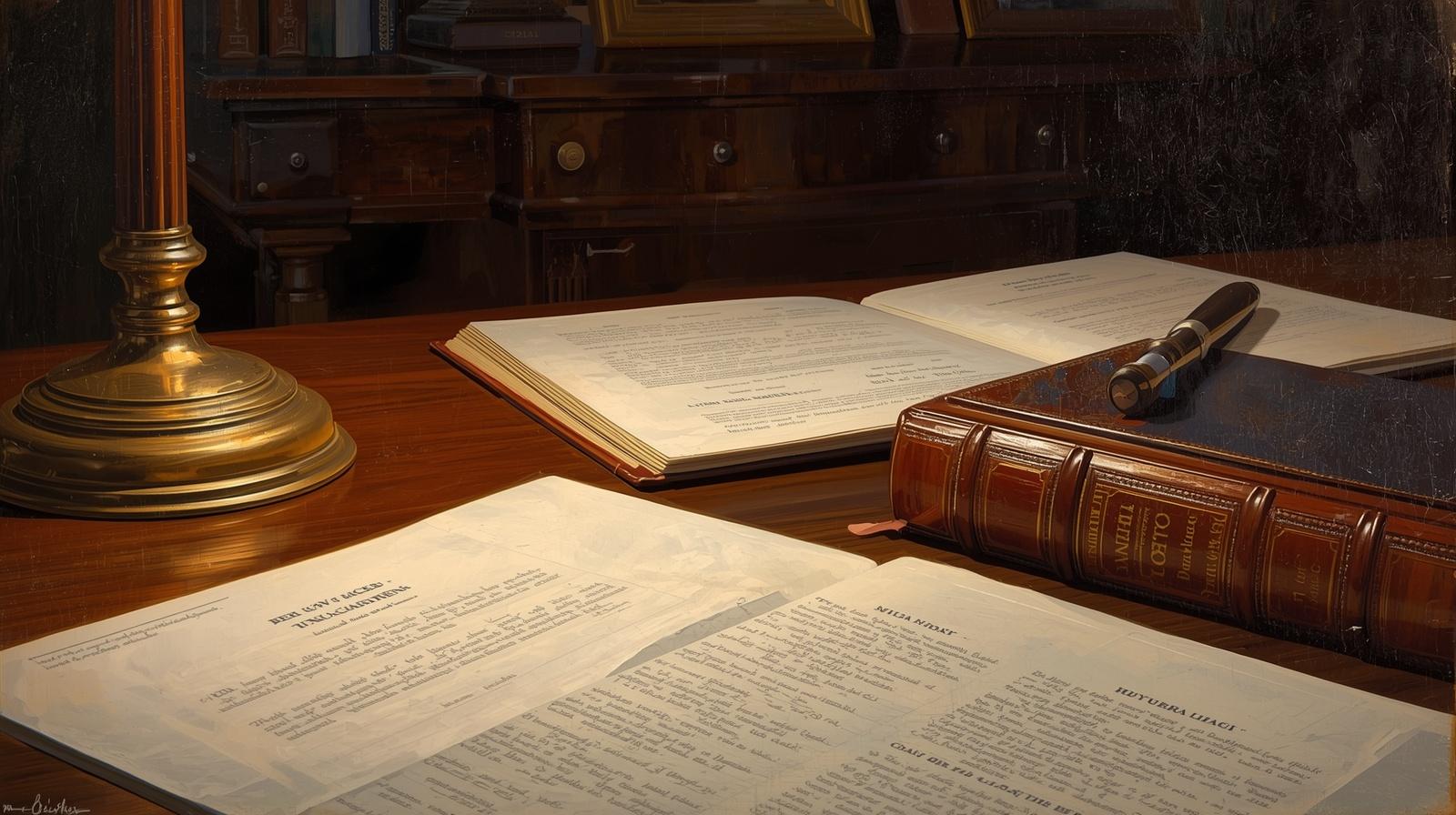 Open pages of documents on a polished wooden desk, with a large leather-bound book and a brass lamp nearby.