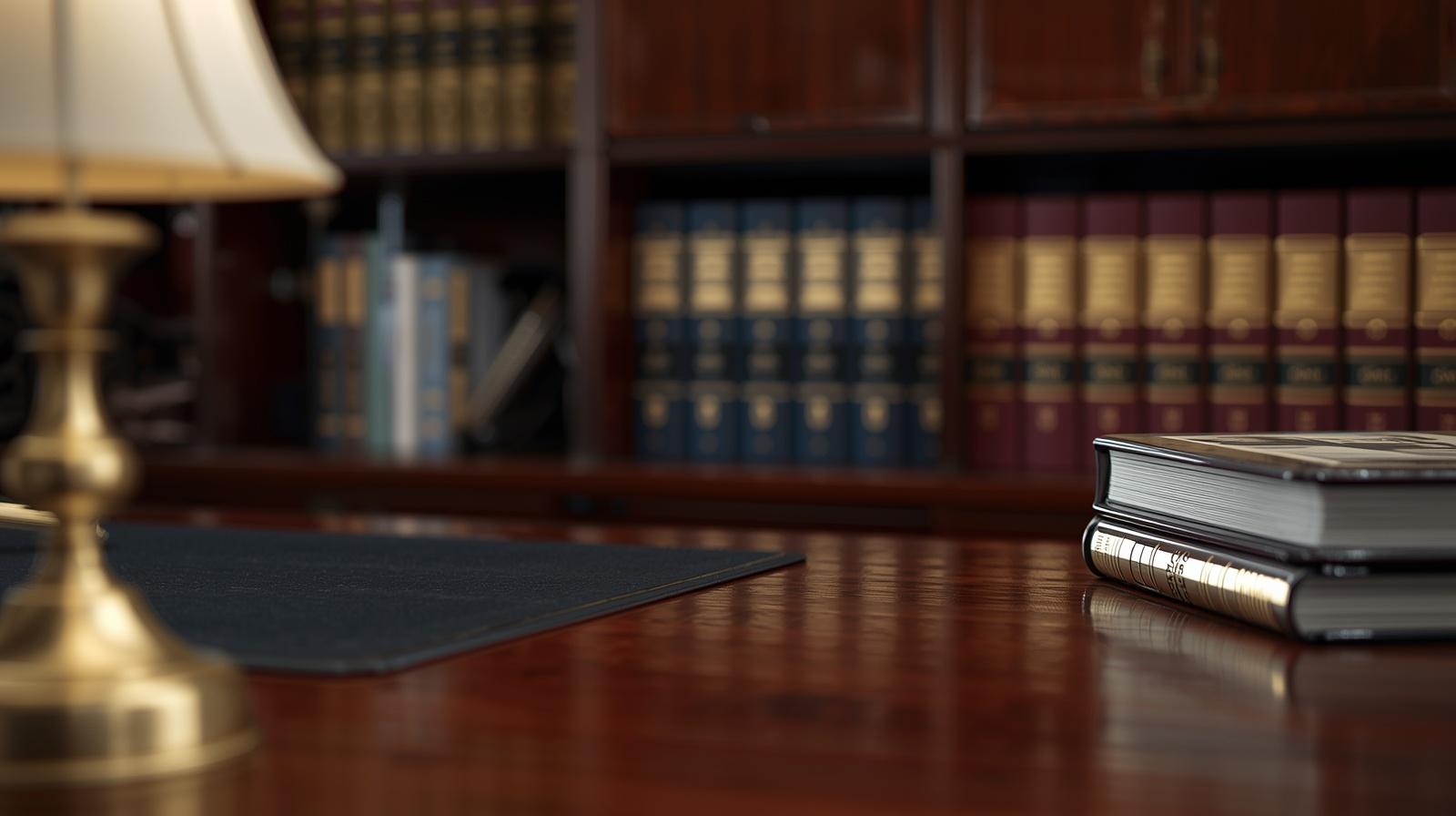 Desk with a brass lamp on the left and a stack of books on the right, with blurred bookshelves in the background.