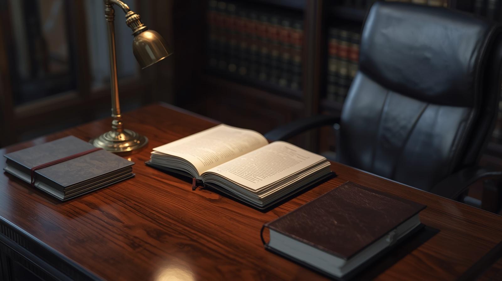 Wooden desk with brass lamp, an open book, two closed notebooks, and a leather chair in a dim library setting.”,